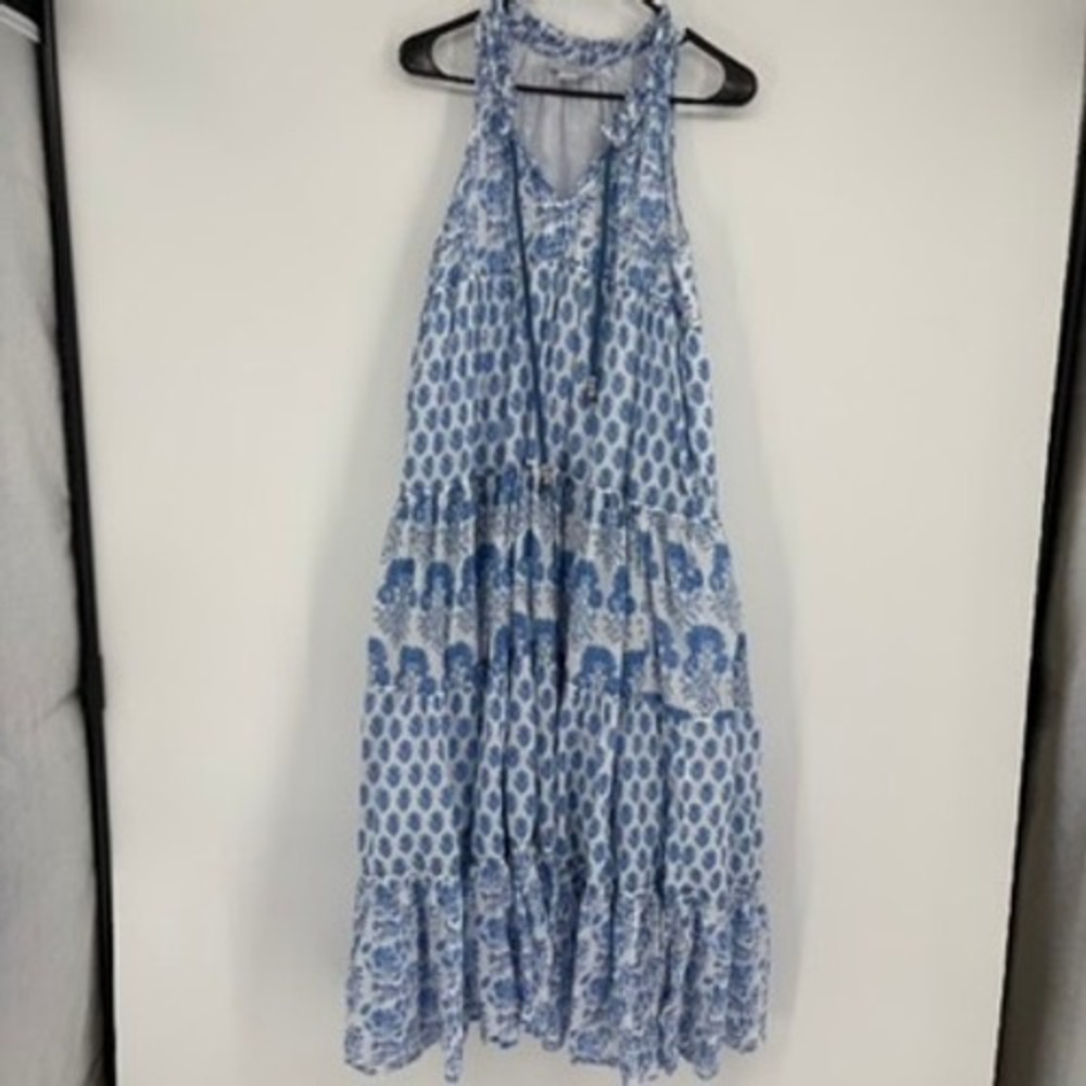 Calypso St Barth Maxi Dress XS Blue White Floral Tiered‎ Cotton Boho Sleeveless